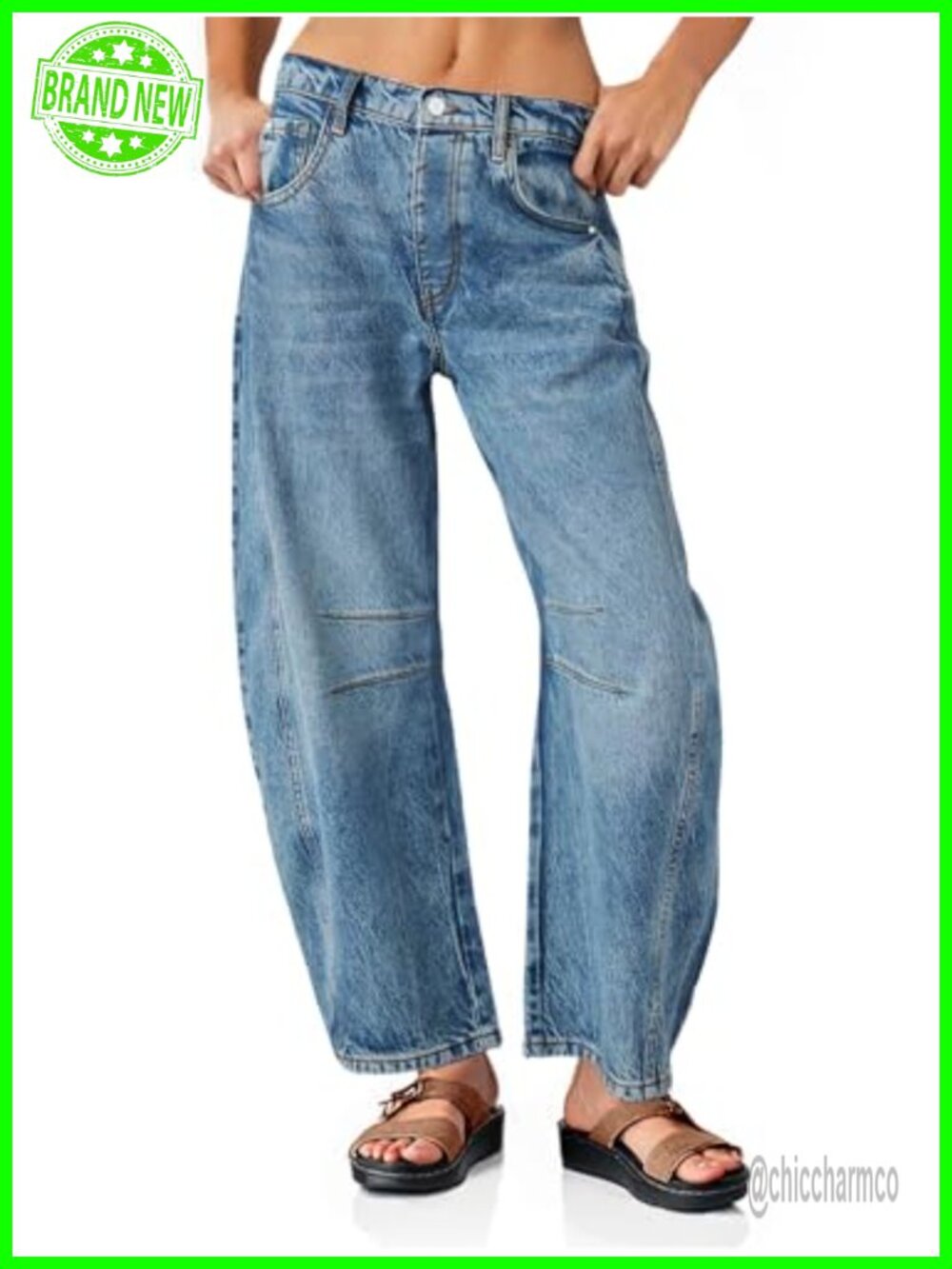 Womens Baggy Boyfriend Jeans Wide Leg Mid Rise Barrel Ankle Denim Pants